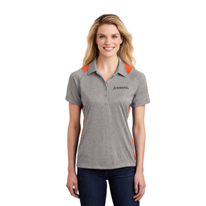 Ladies' Sport-Tek&reg; Heather Colorblock Contender&trade; Polo - Color pops at the shoulders and sides make this moisture-wicking, snag-resistant polo a true contender for easygoing style.